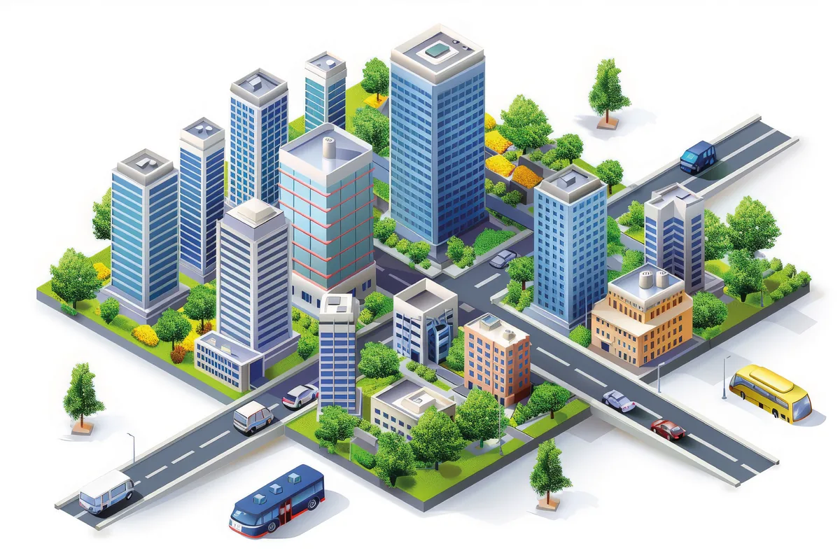 Illustrazione isometrica di una città integrata