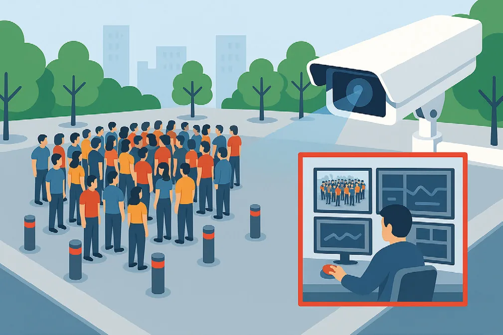 Piazza affollata monitorata da telecamera e operatore in centrale