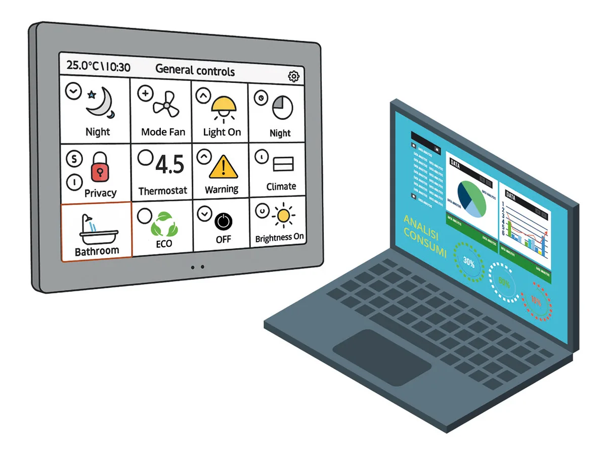 Pannello touch di controllo domotico con clima, luci e scenari