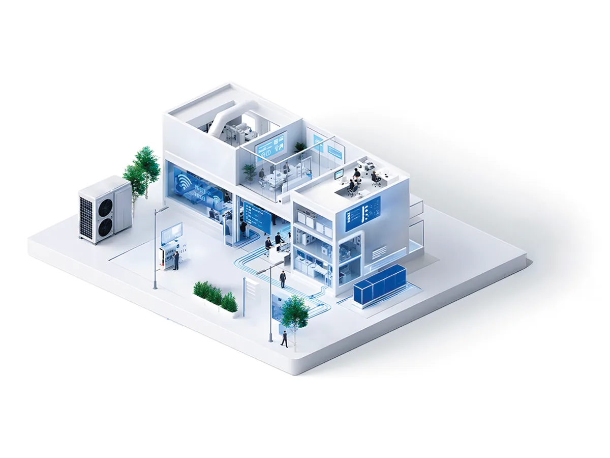Illustrazione isometrica di un edificio residenziale connesso