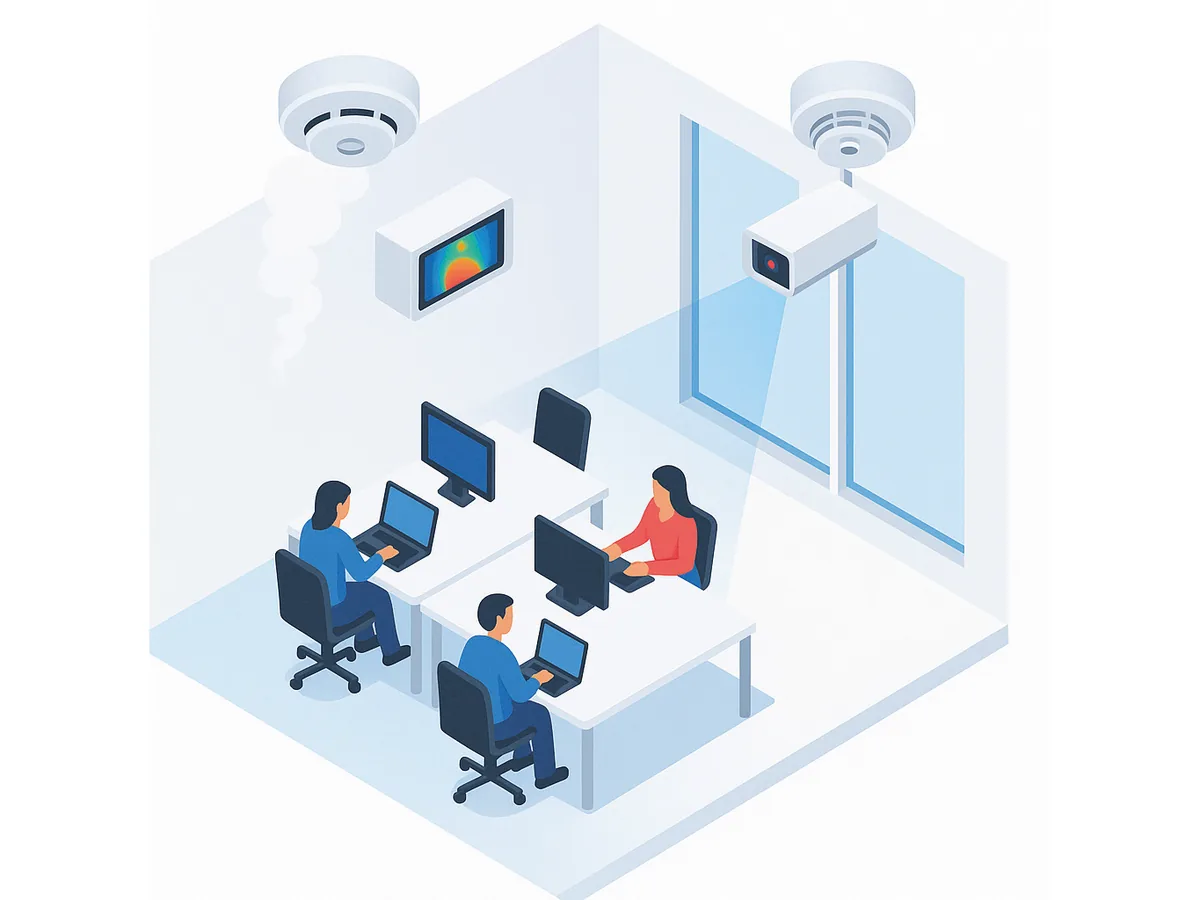 Ufficio con postazioni di lavoro connesse e dispositivi in rete