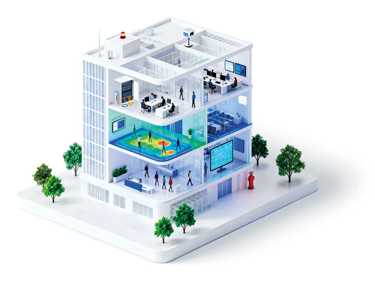 Spaccato isometrico di un edificio con impianti di sicurezza integrati