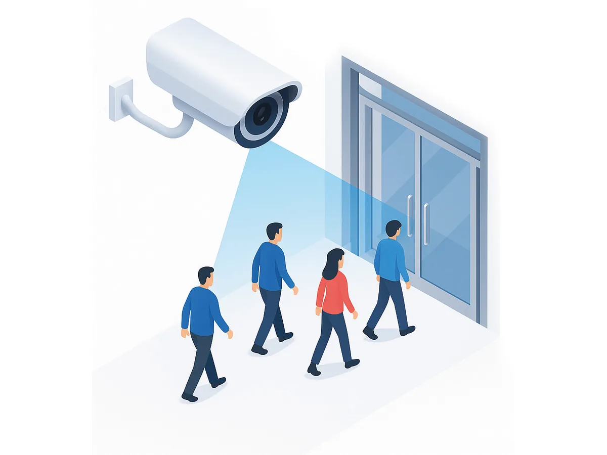 Telecamera che sorveglia l'ingresso di un edificio con persone in transito
