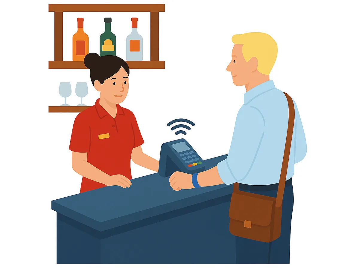 Ospite che paga al bar dell'hotel con il braccialetto contactless