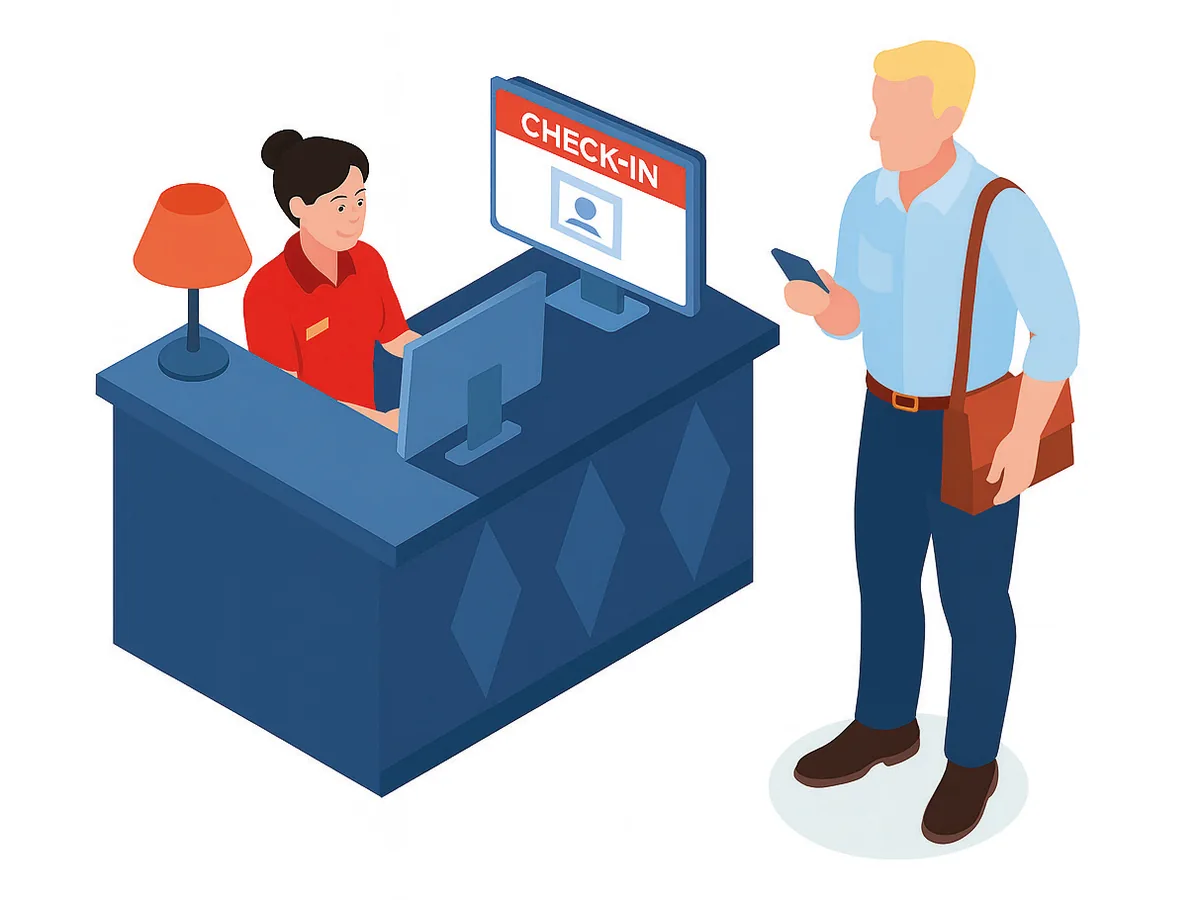 Reception con check-in digitale e ospite con smartphone